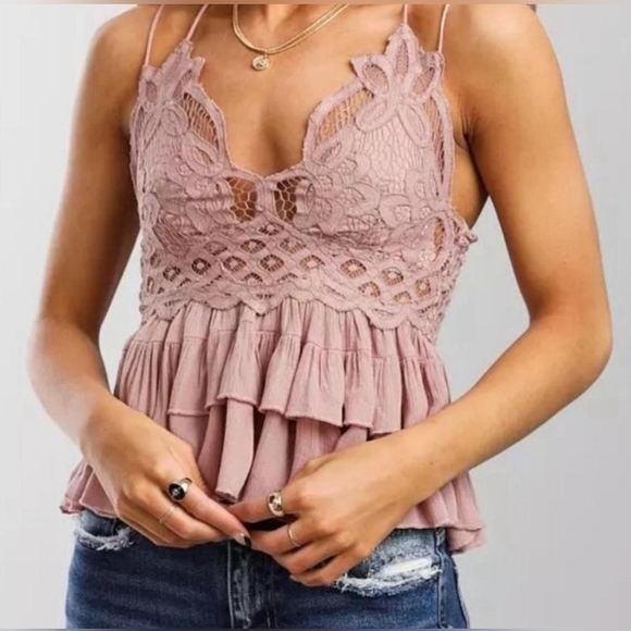 FREE PEOPLE SIZE XS TOP MAUVE ADELLA CAMI CROCHET LACE FALL BLOUSE TANK TO… - Picture 1 of 16